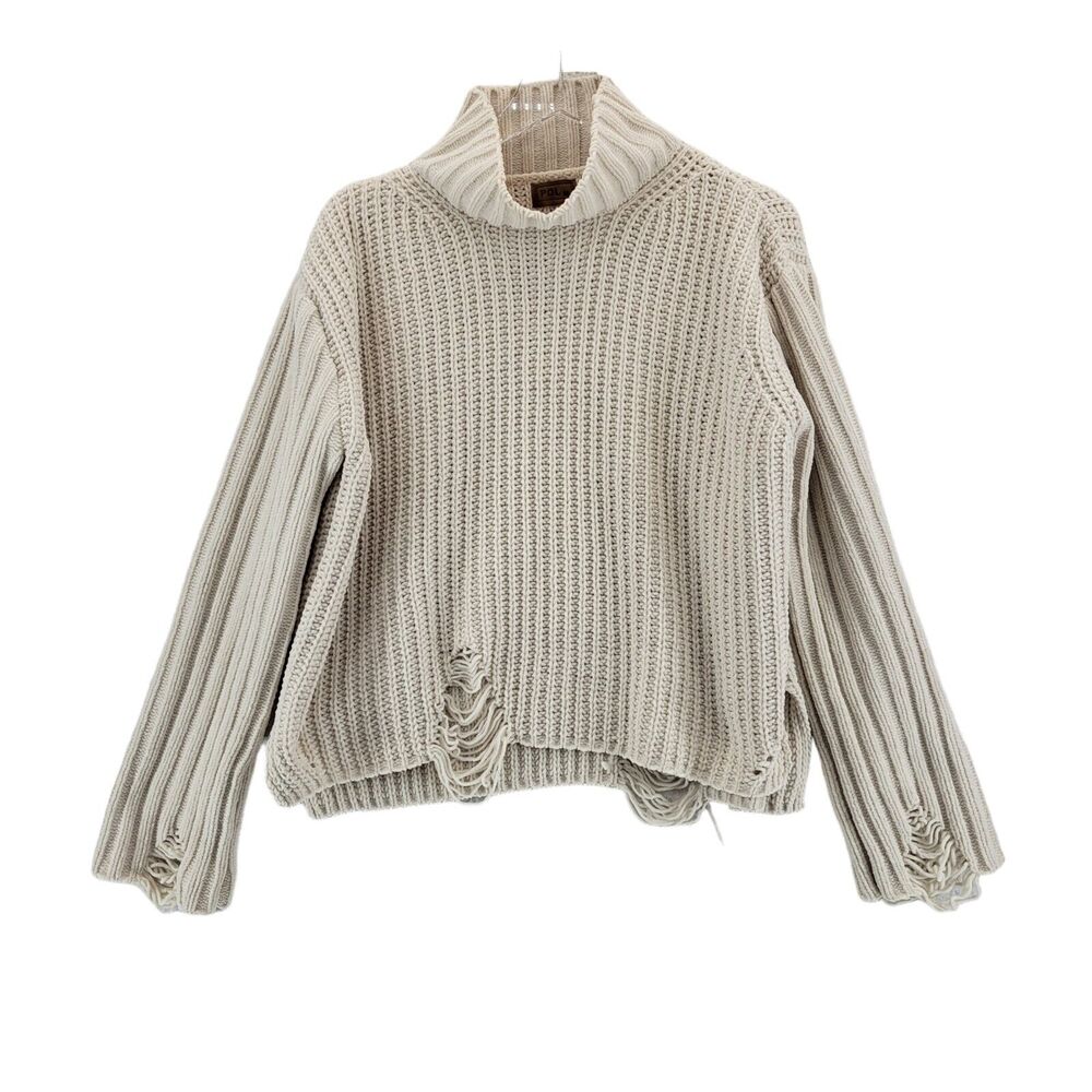 POL Distressed Oversized Crop Sweater Size Medium Ivory Chenille‎ Mock Neck